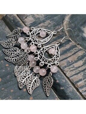 Handcrafted Rose Quartz Gemstone Antique Silver Leaves Chandelier Earrings